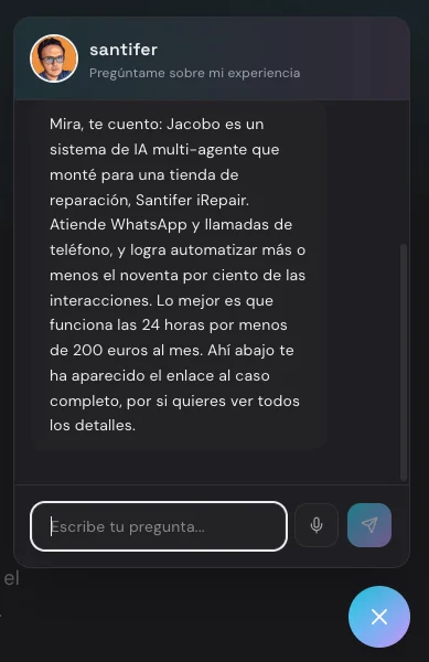Text mode: response with source badges, microphone button to switch to voice