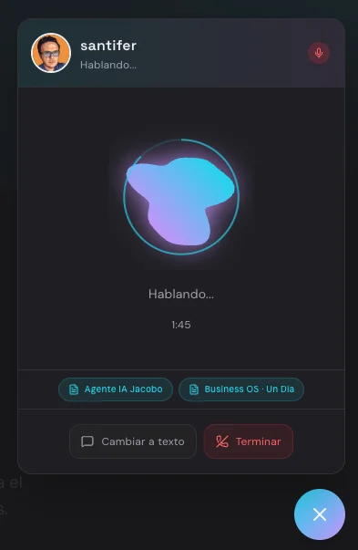 Voice mode: animated VoiceOrb, 1:45 timer, source badges linking to case studies
